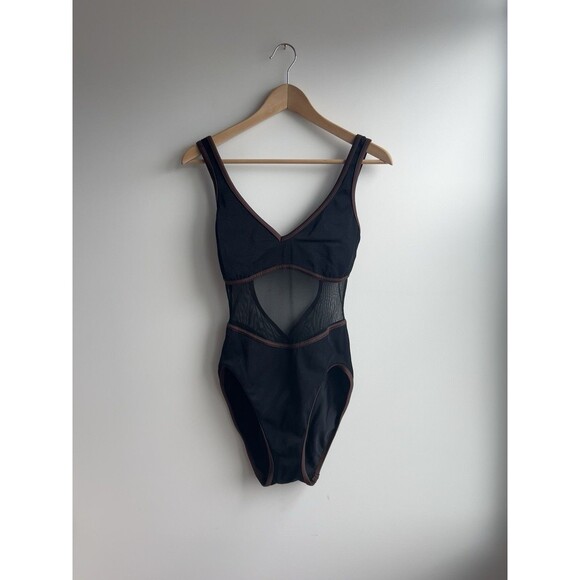 Vintage Anne Klein Textured Knit Mesh One Piece Swimsuit Size 12 Brown Black - Picture 1 of 10